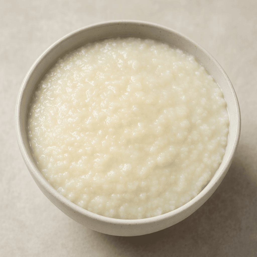 A bowl of thick, smooth, pale ivory rice porridge with a soft, uniform surface and no visible toppings.