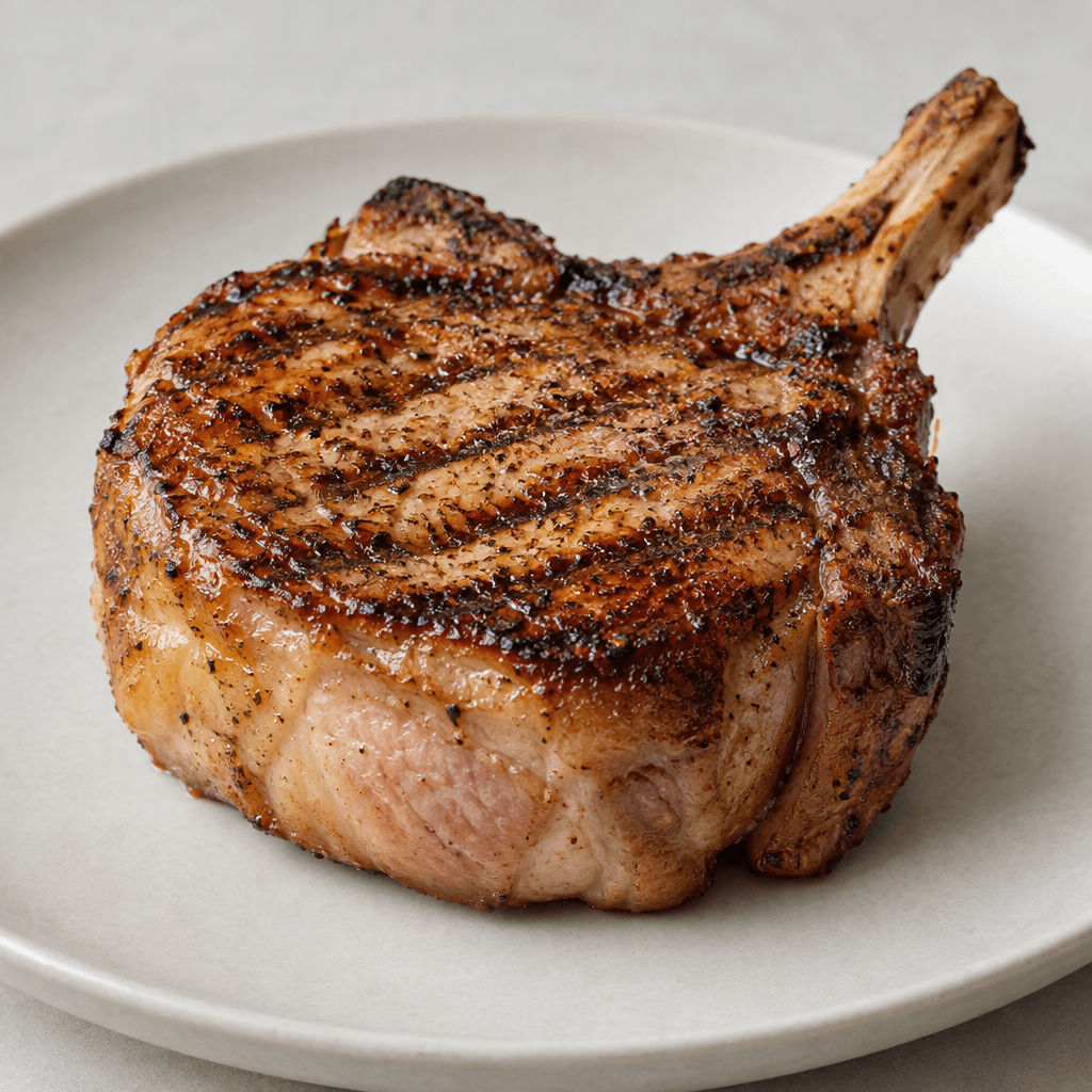 A thick bone-in meat chop with a deeply browned, seared exterior, dark grill marks, and a juicy-looking pale pink to brown interior, served on a plate with the exposed bone visible.