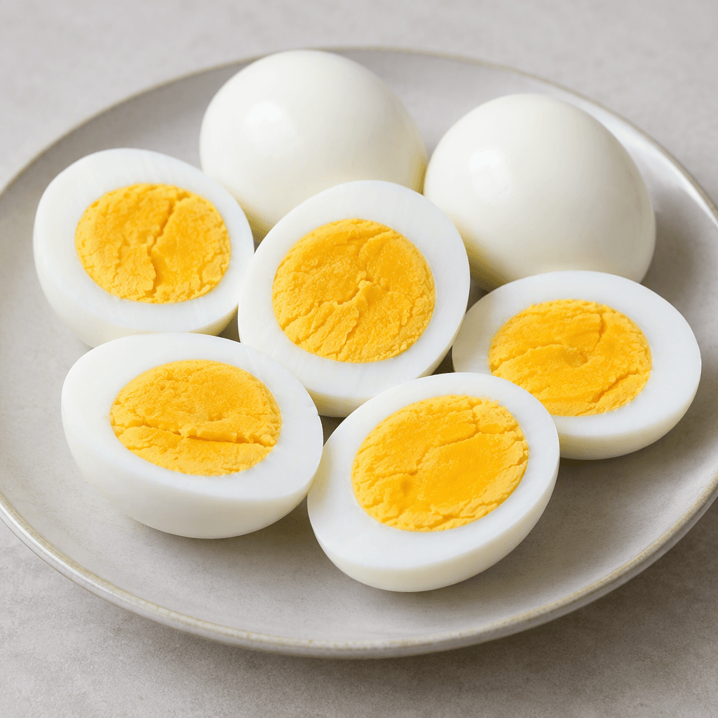 Several peeled hard-boiled chicken eggs are arranged on a plate, their smooth opaque white halves surrounding firm, bright golden-yellow yolks.