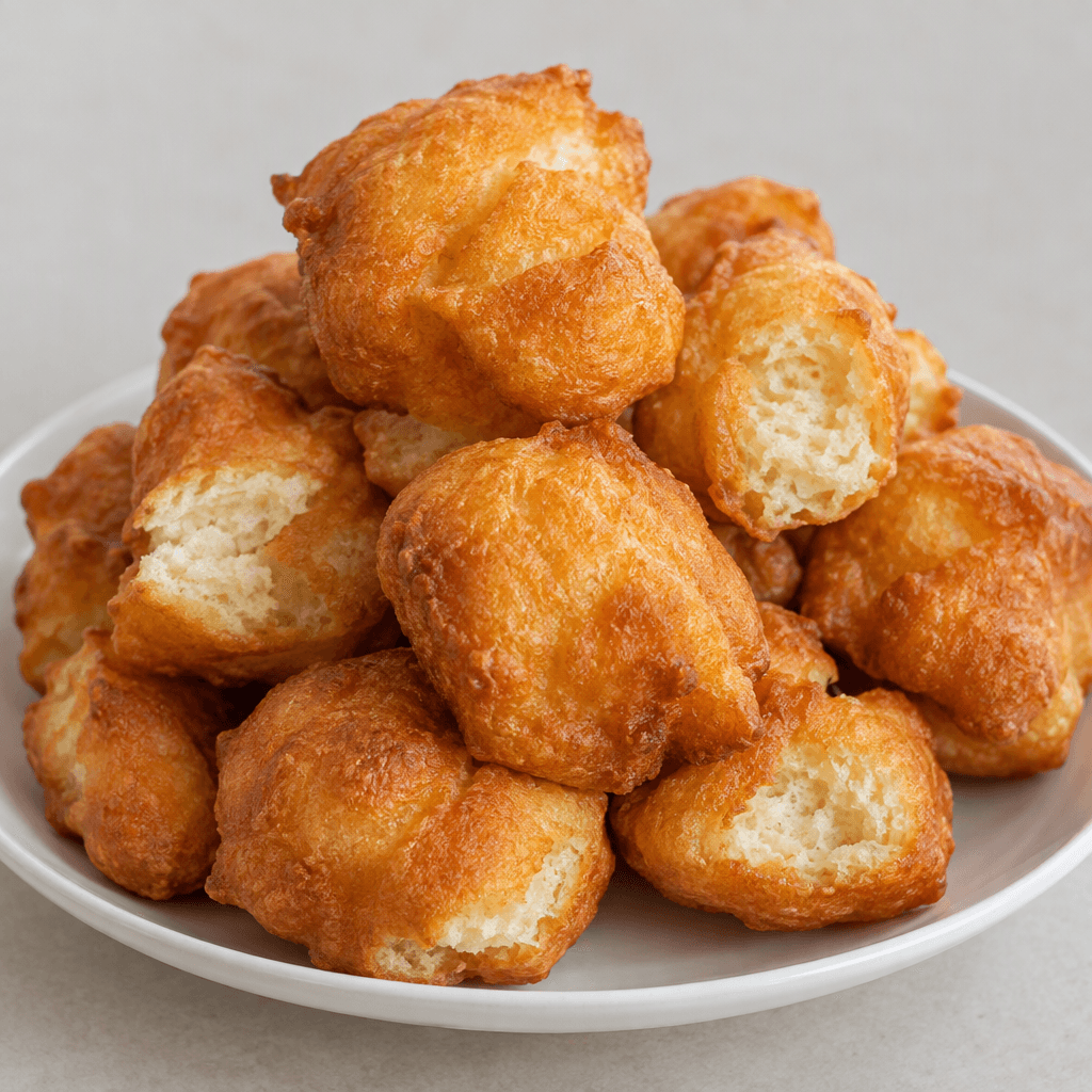 Irregularly rounded pieces of deep-fried dough with puffed, uneven surfaces and crisp golden-brown exteriors, served piled on a plate with pale cut edges visible.