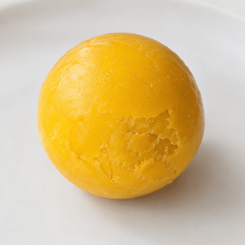 A firm, rounded golden-yellow cooked egg yolk with a smooth surface and a slightly crumbly, dense interior, served whole on a plain plate.