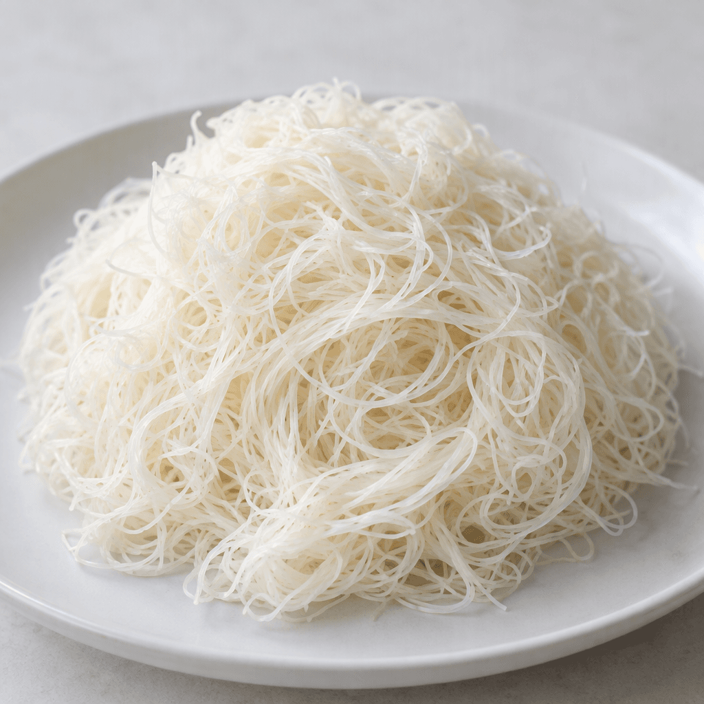 A loose, fluffy mound of very fine ivory-white strands, softly tangled into a delicate, airy nest and served plain on a plate.