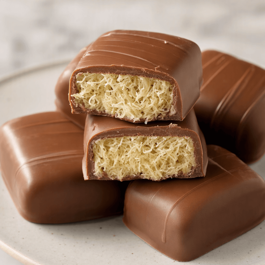 Glossy brown chocolate pieces, one cut open to reveal a dense, airy filling of fine ivory-colored strands, are arranged on a plate.