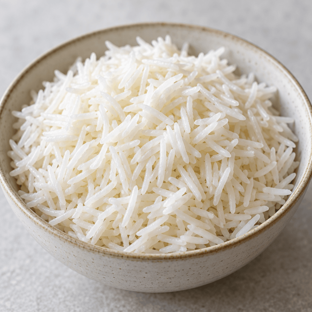 Long, slender white grains of cooked basmati rice sit in a loose, fluffy mound, mostly separate with a slight sheen.