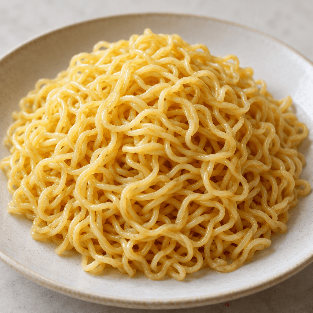 Thin, golden-yellow wavy noodles form a loosely tangled, slightly glossy mound on a plate.