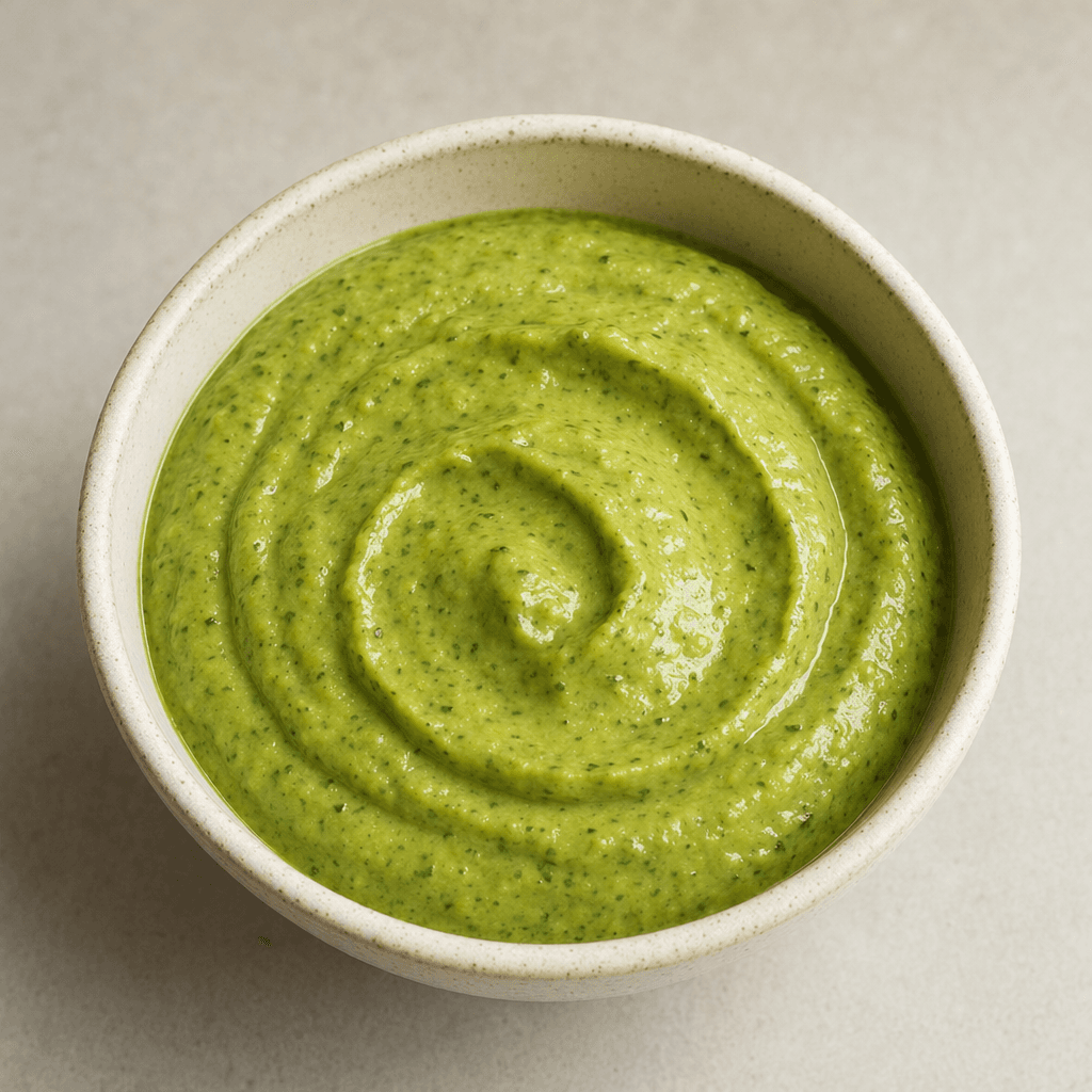 A thick, smooth pistachio-green purée with tiny darker green flecks, shown in a small bowl.
