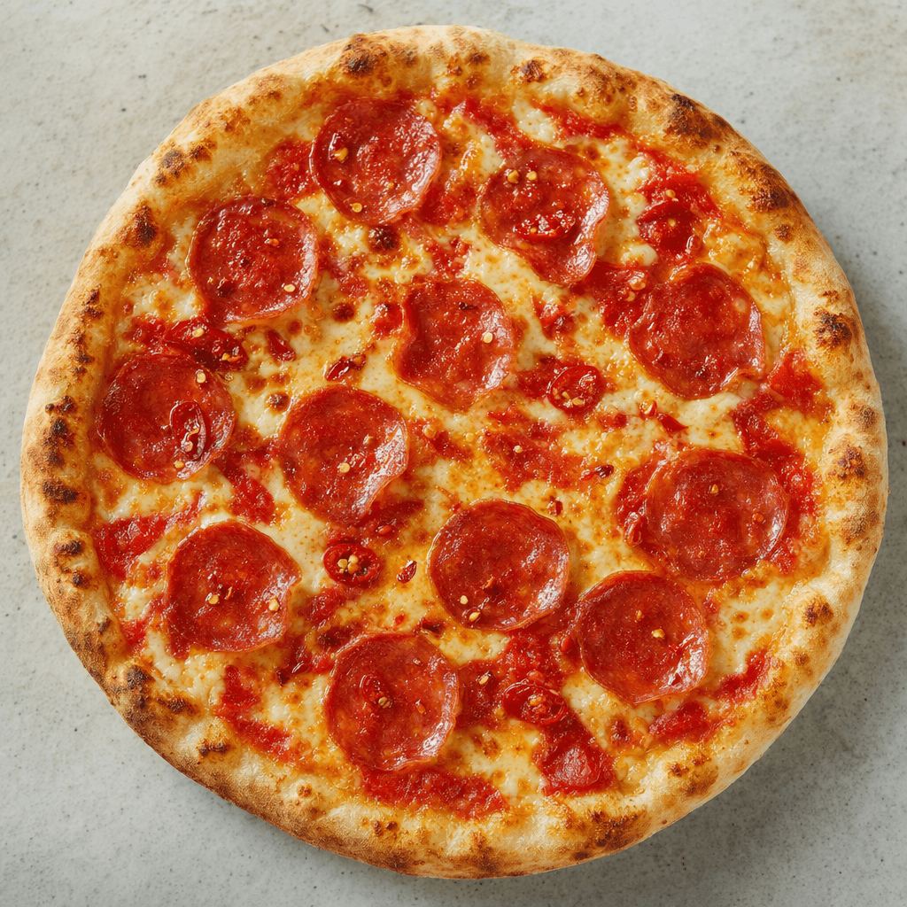 Hafif kızarmış kenarlı yuvarlak pizzanın üzerinde kırmızı domates sosu, yer yer erimiş açık renkli peynir, ince kırmızı şarküteri dilimleri ve pul biber parçaları görülüyor.