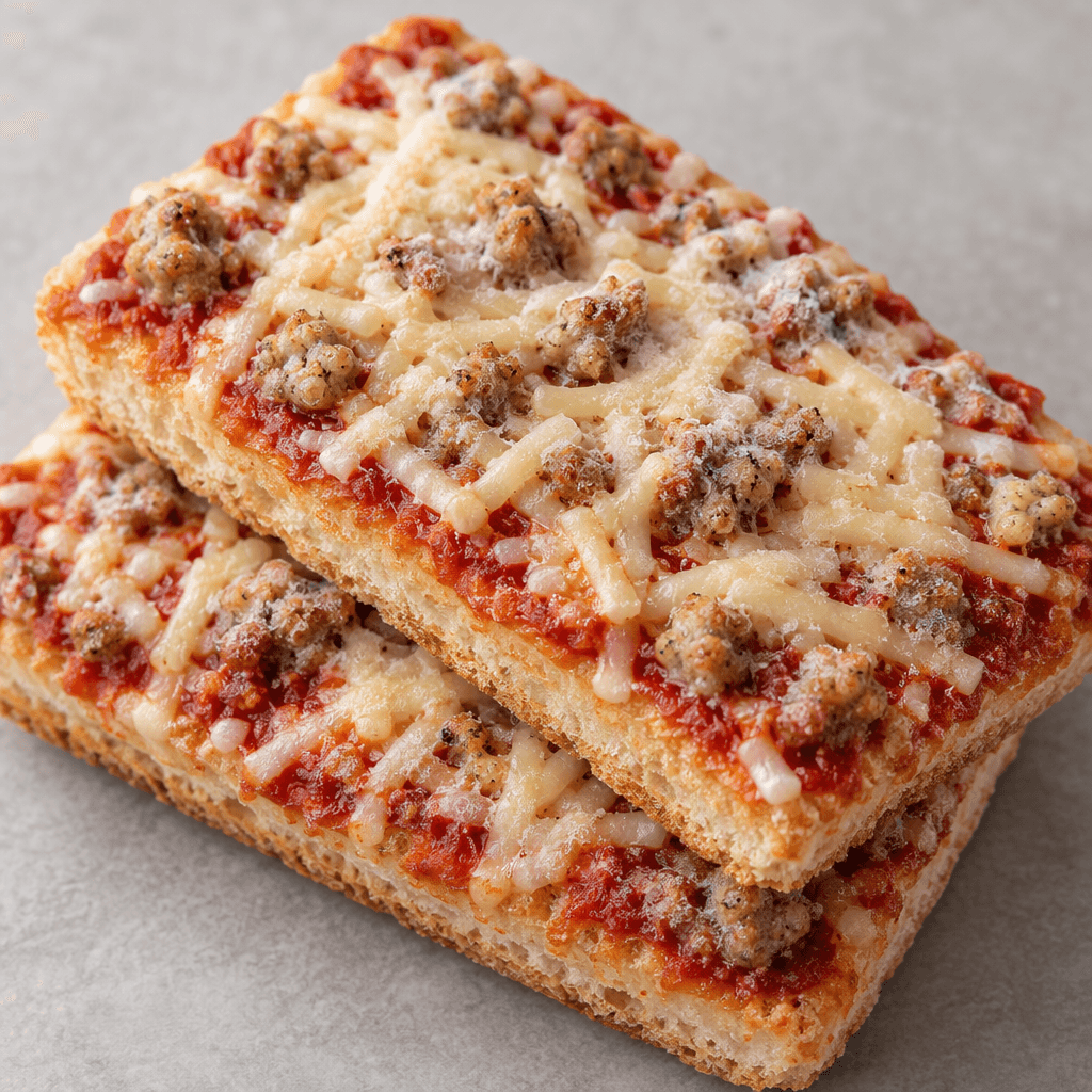 Rectangular slices of bread are topped with red tomato sauce, pale straw-yellow cheese and small pieces of sausage, with a light frosty surface.