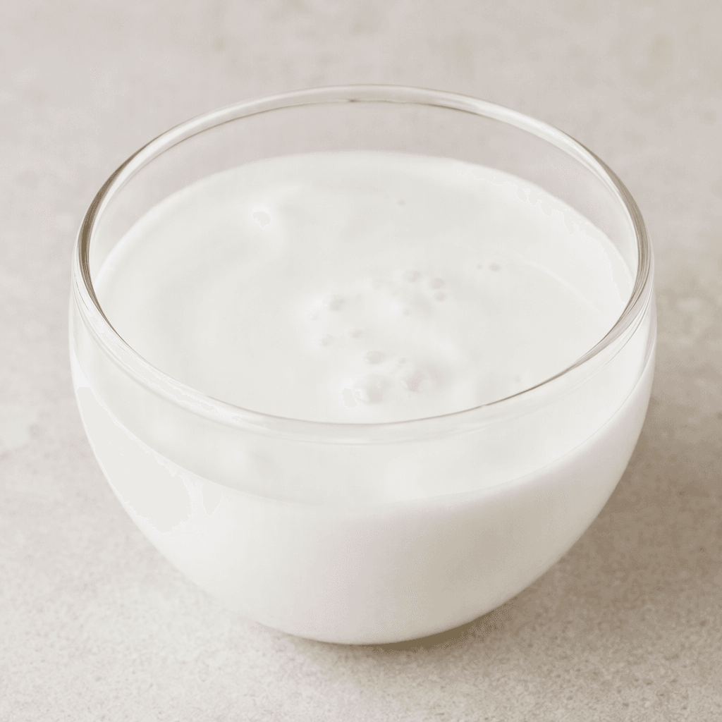 Plain kefir is a smooth, glossy, pourable white dairy drink with a slightly thick consistency, shown in a clear glass or small white bowl with a few soft bubbles visible on the surface.