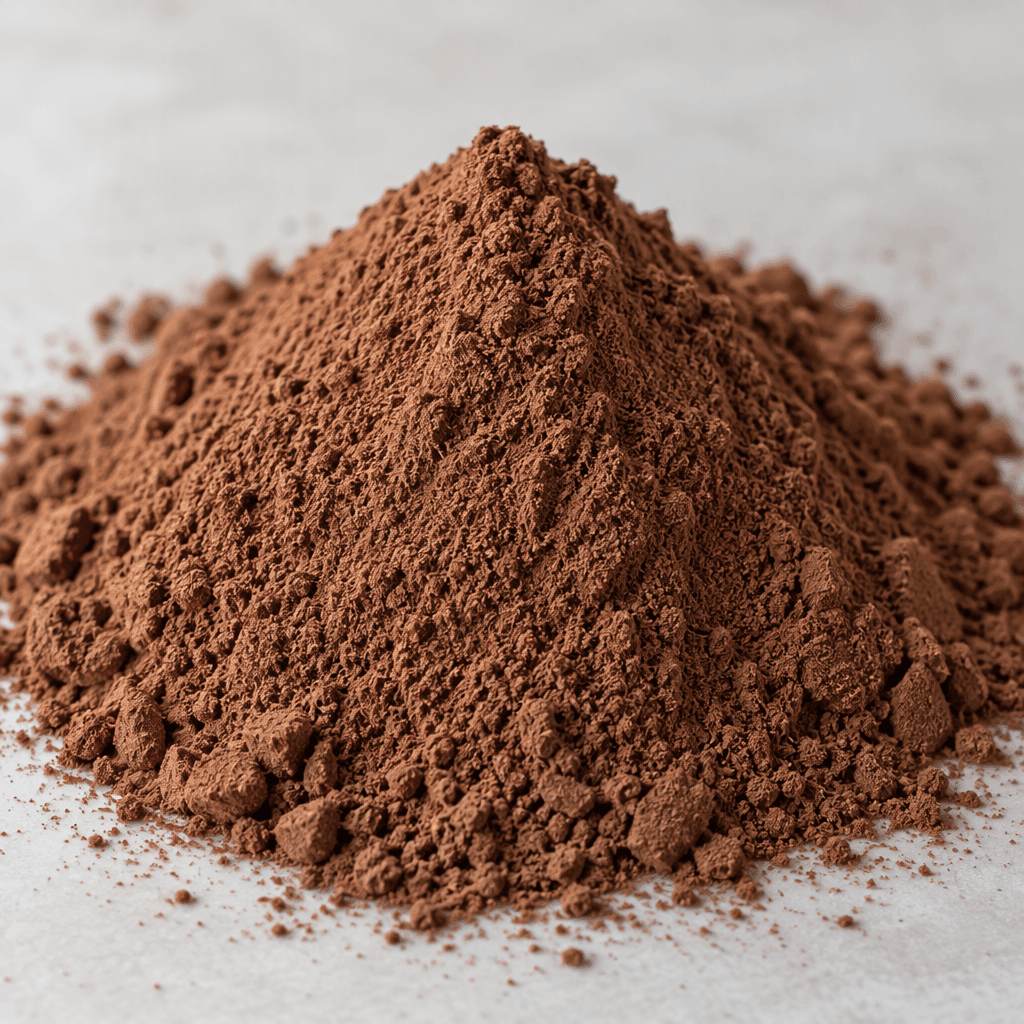 A mound of fine, loose dark-brown chocolate drink powder with an even, slightly velvety texture.