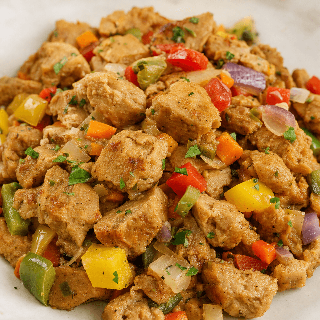 A mixture of small, irregular beige-to-brown plant-protein pieces with visible diced vegetables in varied colors, served together in a pile.