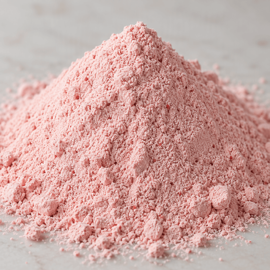 Yumuşak ve ince dokulu, açık pembe renkli protein tozu küçük bir yığın hâlinde duruyor; içinde birkaç koyu renkli minik benek görülüyor.