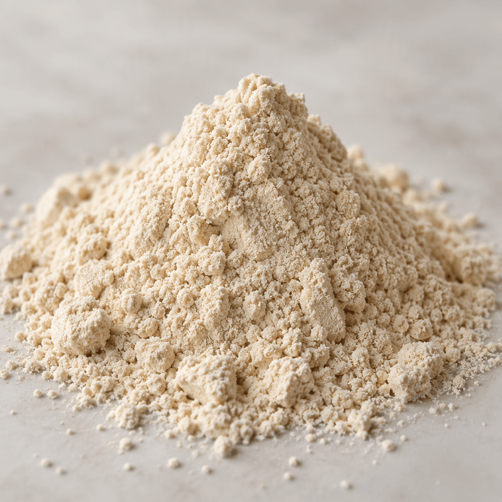A small mound of fine, pale beige protein powder with a soft, slightly grainy surface.