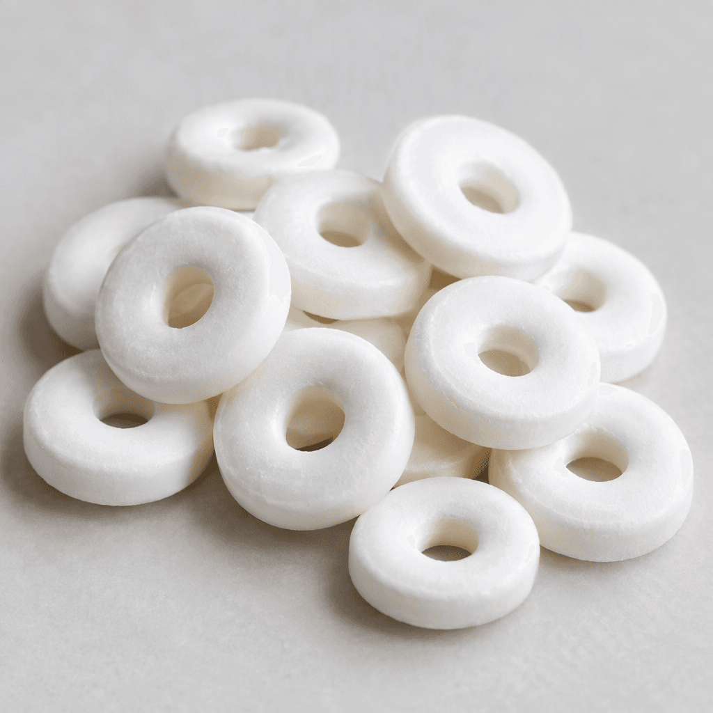 Small, opaque white hard candies lie loose, each shaped like a flat round ring with a circular hole in the center and smooth faces with subtly beveled edges.