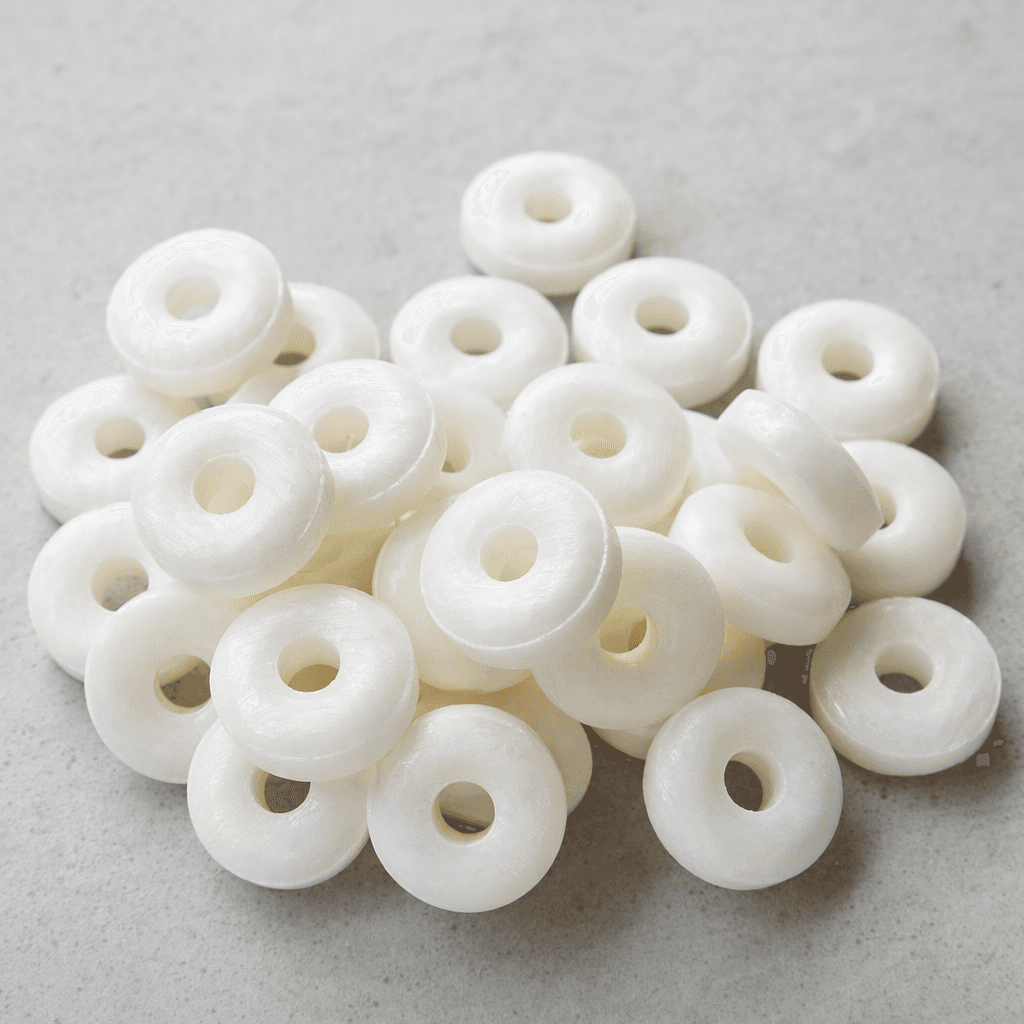 Small, white, round hard mints with a clean circular hole through the centre and a smooth, slightly glossy surface, scattered loosely on a plain surface.