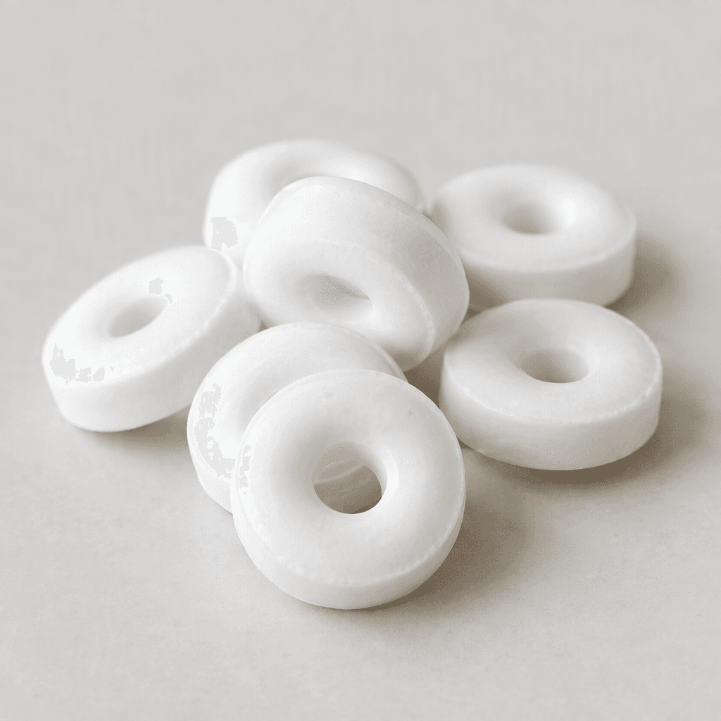 Several white, round, ring-shaped hard mints with smooth surfaces and slightly beveled edges are arranged together.