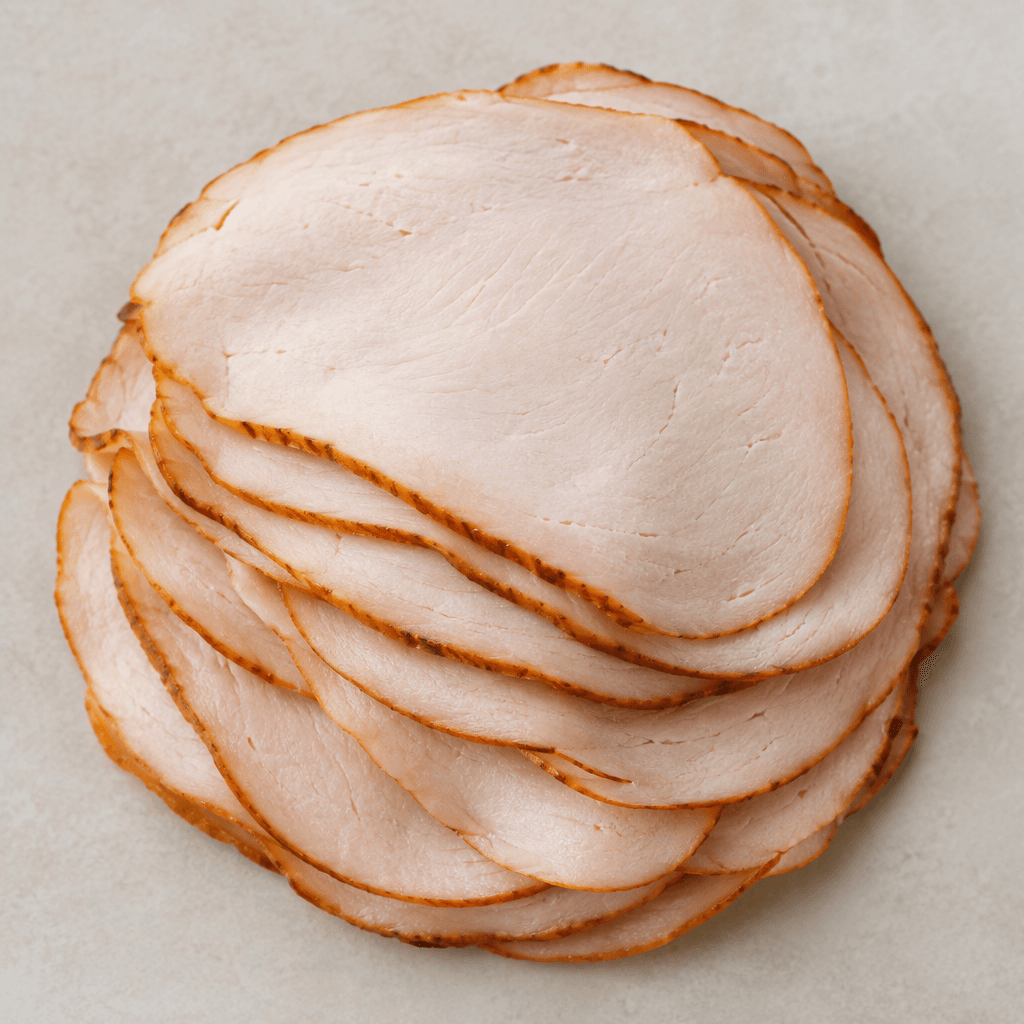 Thin, overlapping slices of smoked turkey have a pale rosy-beige interior, a slightly darker smoked rim, and a smooth, finely textured surface.
