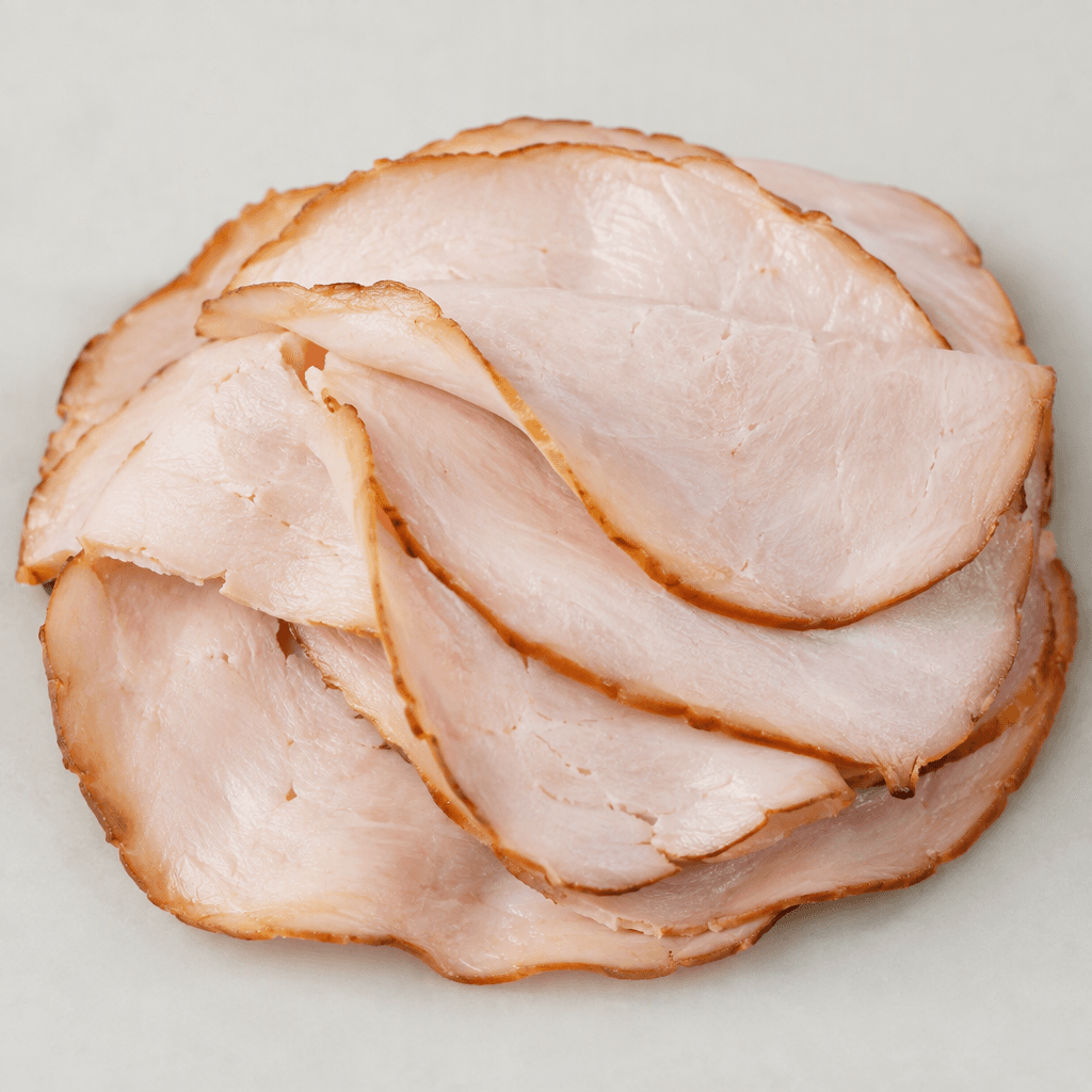 Thin, overlapping slices of smoked turkey are pale pink with a slightly darker brown outer edge and a smooth, lightly moist surface.