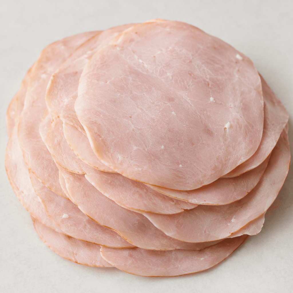 Thin, round-to-oval slices of pale pink processed turkey ham overlap in a loose stack, with a smooth, finely textured surface and a few tiny white flecks.