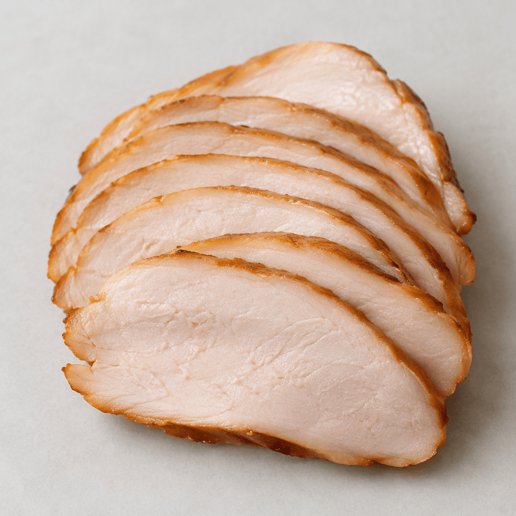 Thin, neatly overlapping slices of smoked chicken are pale pink-beige inside, with slightly darker golden-brown edges and a smooth, moist surface.