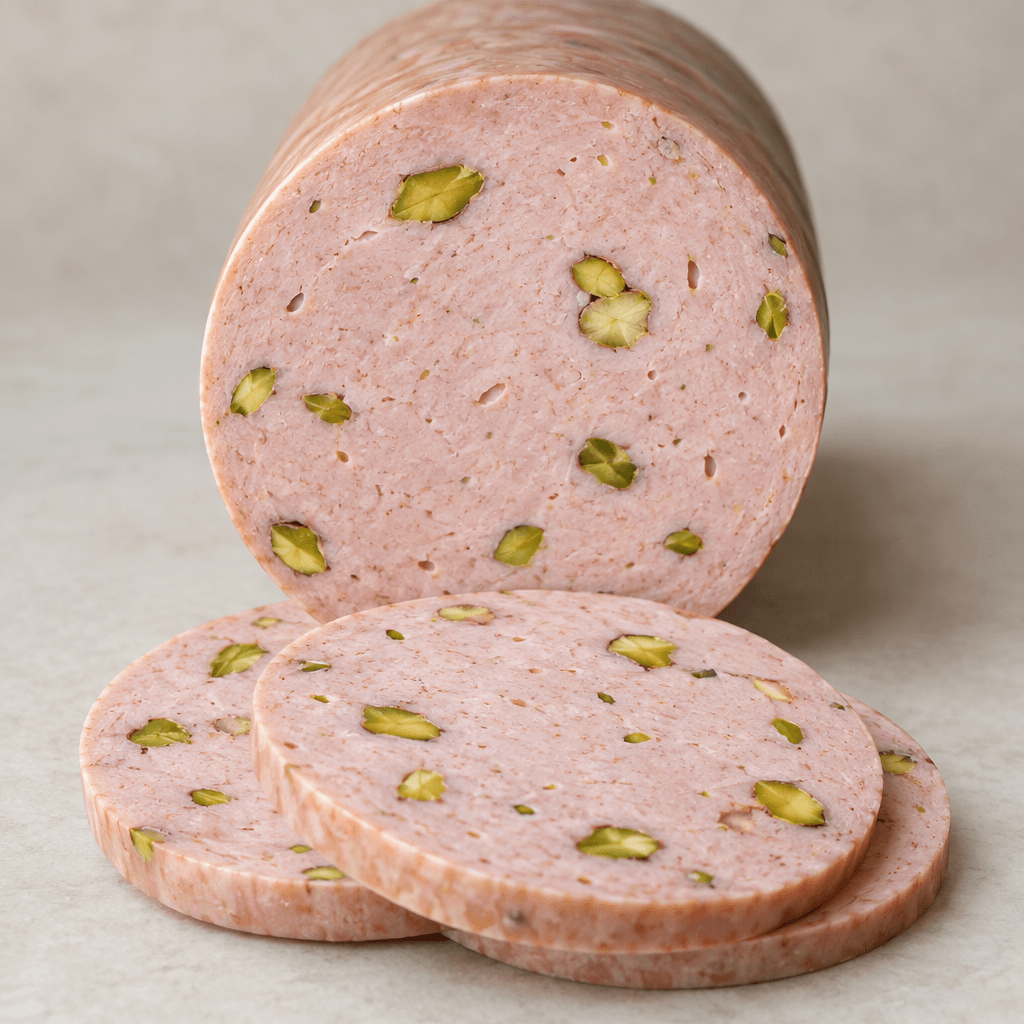 A firm, cylindrical turkey deli loaf with a smooth pale pink surface and green pistachio pieces scattered through its finely textured cross-section, shown in round slices.