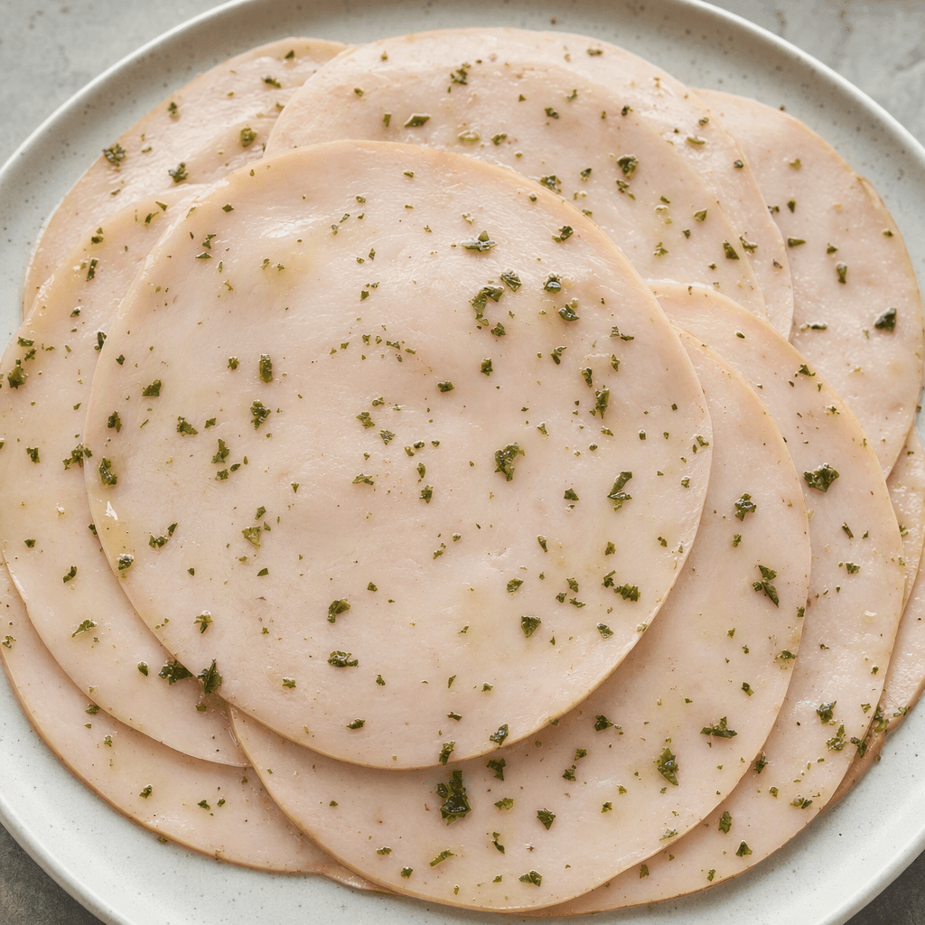 Thin, round slices of pale pink turkey ham have a smooth, compact texture, scattered green herb flecks and a light olive-oil sheen.