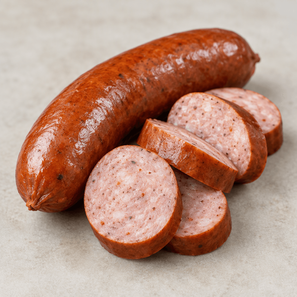 A plump, smooth, reddish-brown chicken sausage lies beside several thick round slices, their firm pale pink interiors dotted with tiny seasoning flecks.