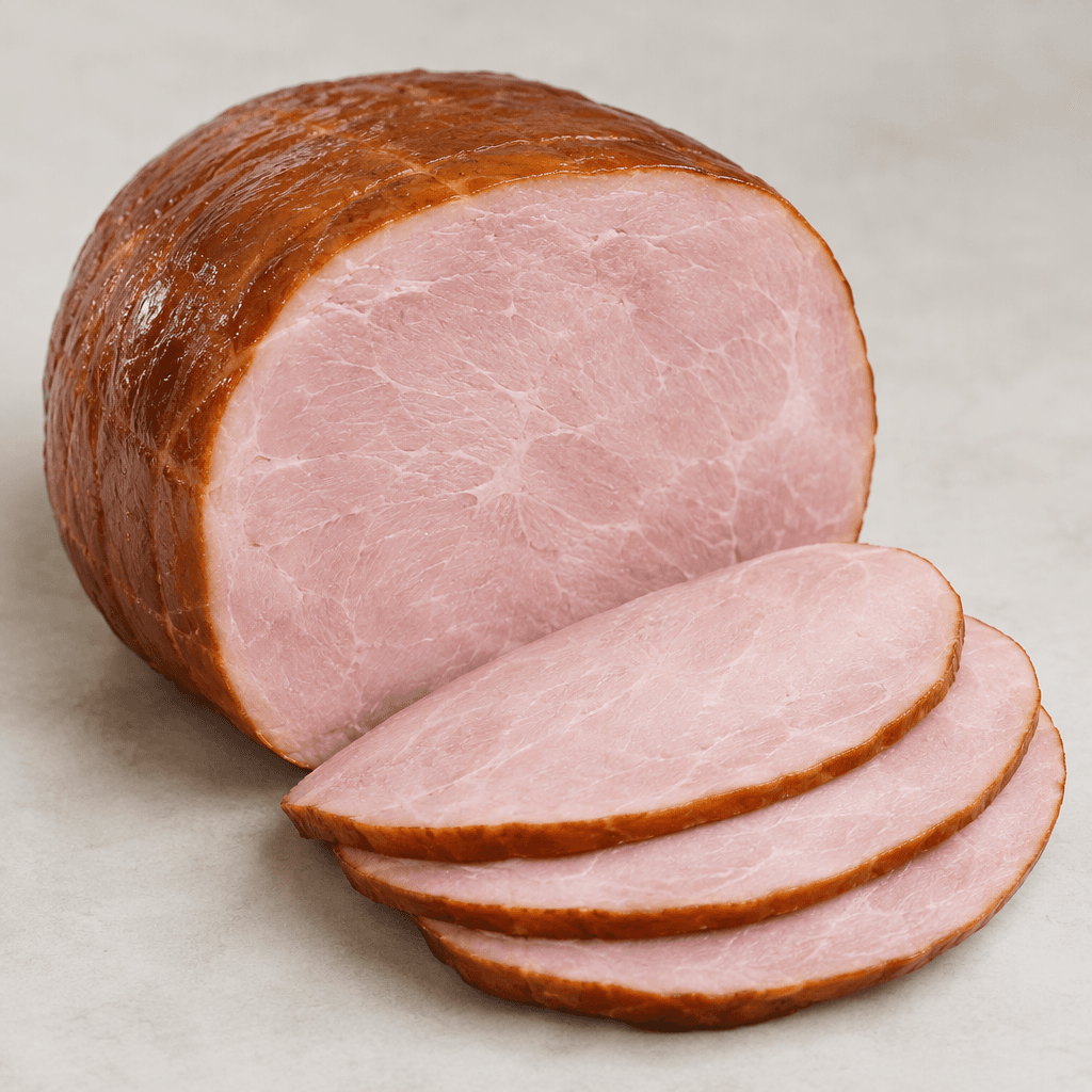A large, smooth, rounded rectangular turkey ham with a pale pink interior and a thin, darker smoked-brown outer edge, shown with a few even slices beside it.