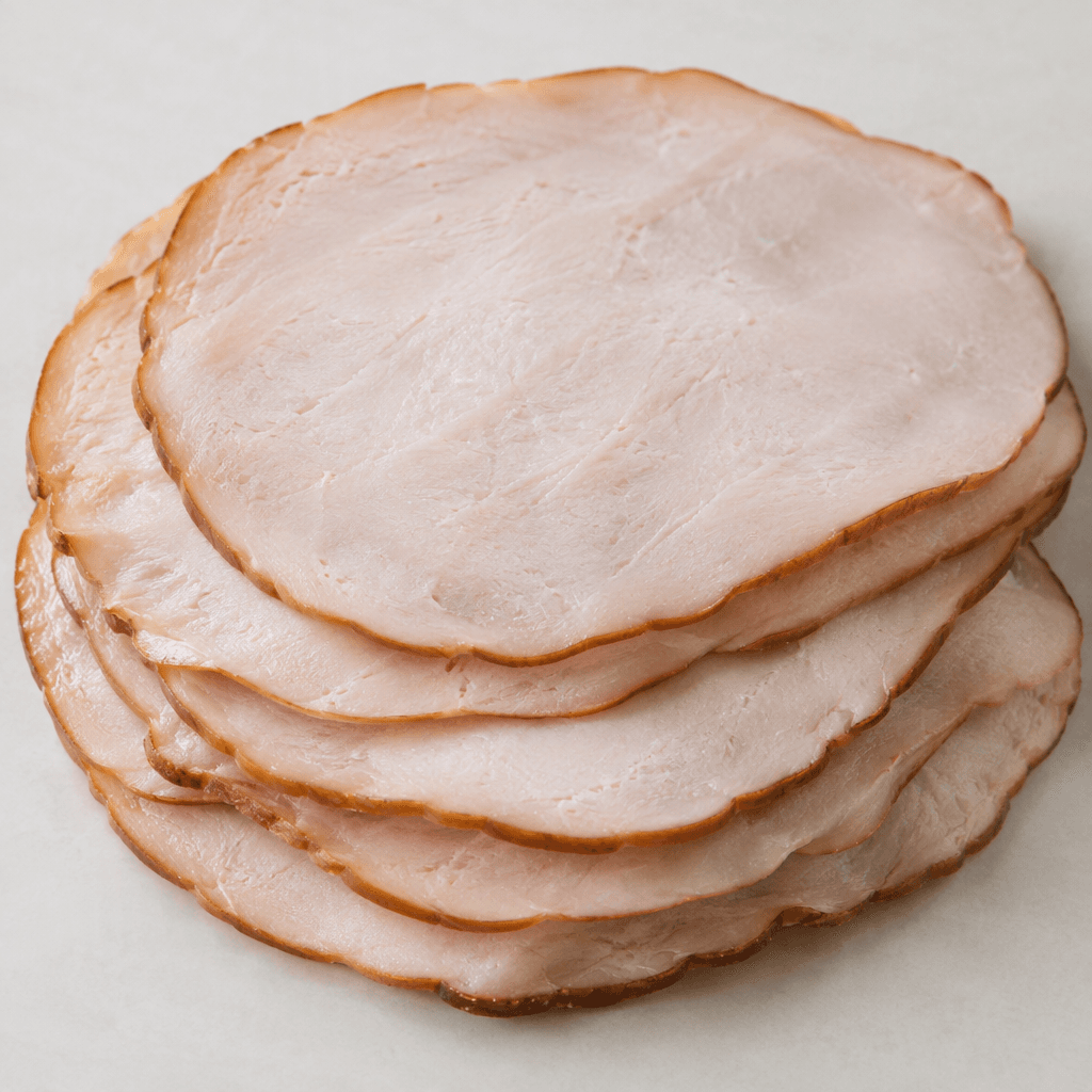 Thin, broad oval slices of smoked turkey meat are pale pink-beige with a fine, even texture and a slightly darker brown edge, arranged in an overlapping stack.