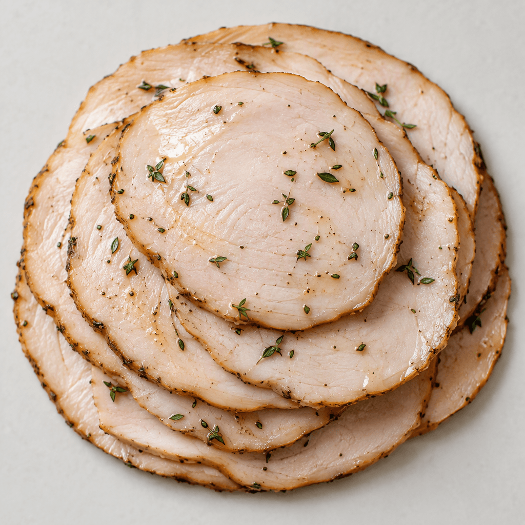 Thin, round slices of smoked turkey have a muted pink-beige interior, lightly browned edges, a faint sheen of olive oil, and scattered flecks of thyme.