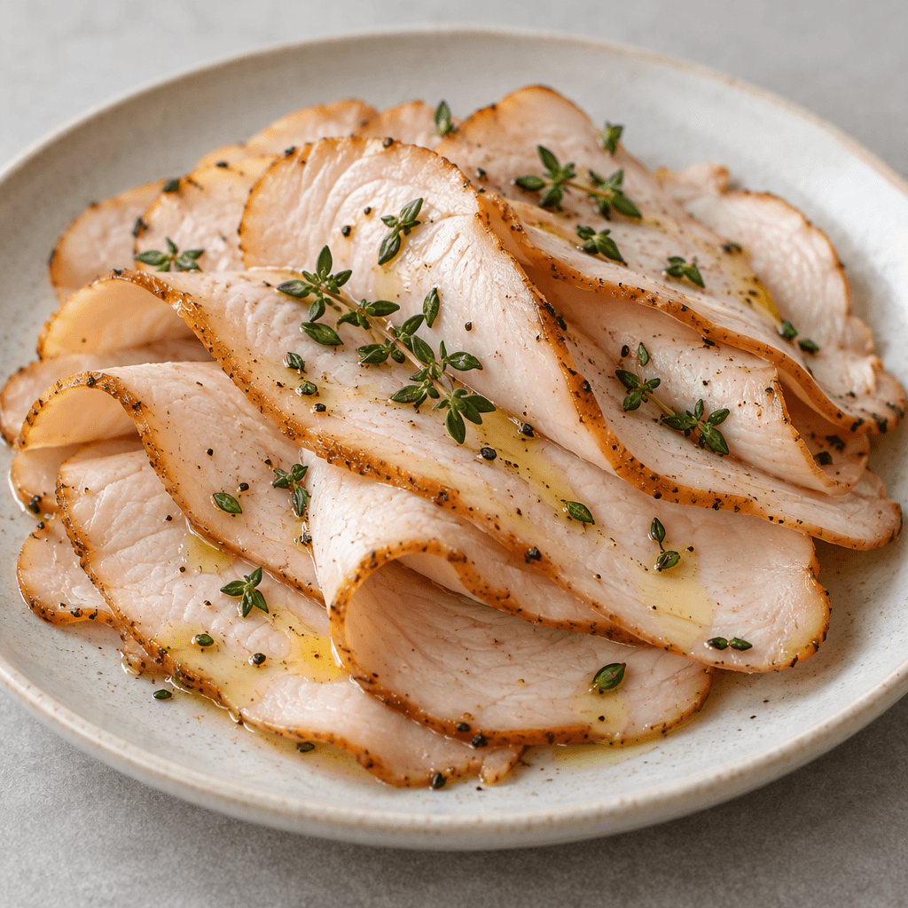 Thin slices of smoked turkey are arranged on a plate, their pale pink centers and lightly browned edges glistening with olive oil and dotted with green thyme leaves.