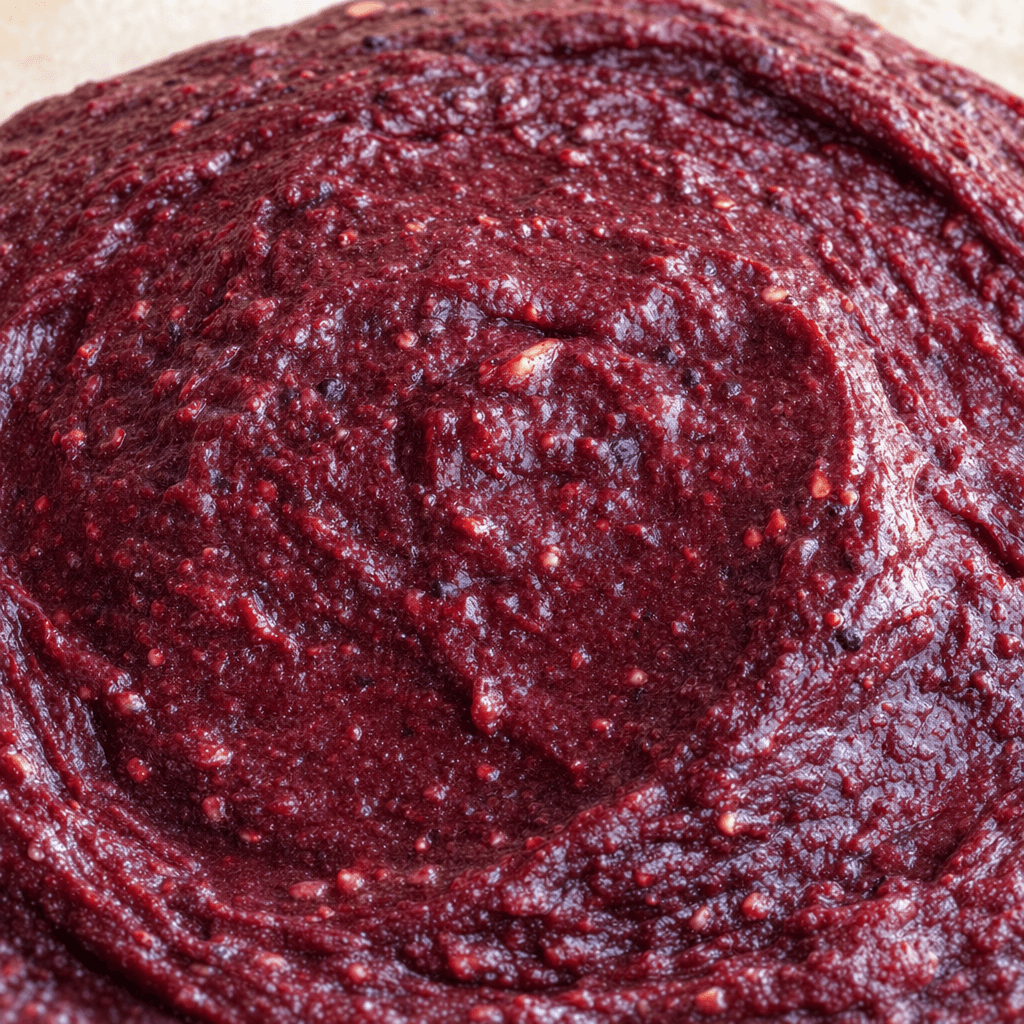 A thick, glossy deep reddish-purple paste with a smooth, dense texture and occasional tiny fruit and hazelnut flecks, spread in a mound.