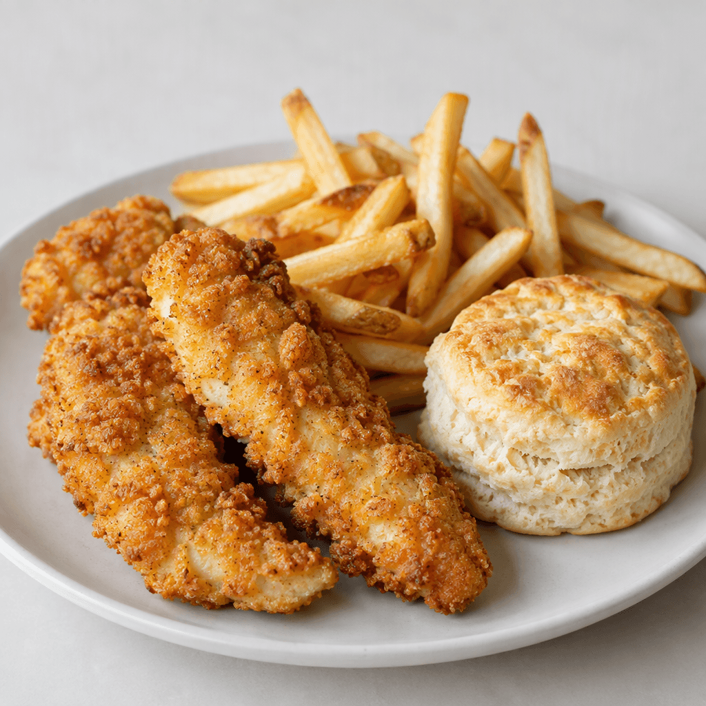 A small serving of golden-brown breaded chicken tenders sits beside a handful of thin fries and a round, lightly browned biscuit, with crisp, uneven surfaces and pale interiors visible at the edges.
