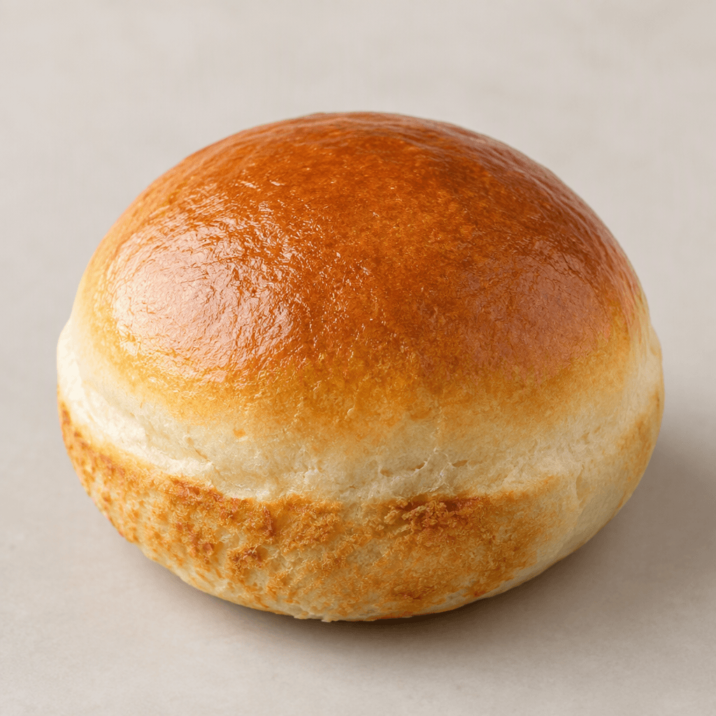 A round, softly domed bun with a smooth, lightly glossy golden-brown top, pale sides, and flat cut surfaces lightly toasted to a deeper gold.