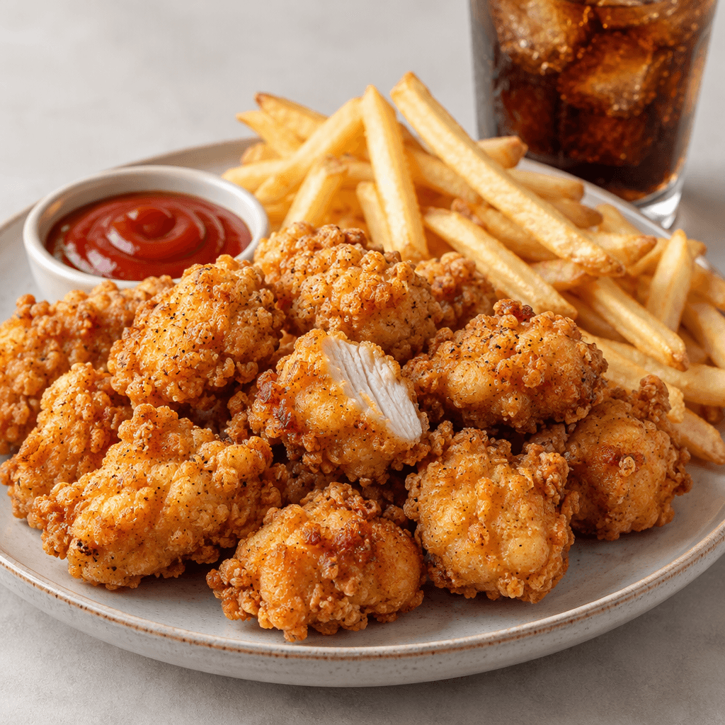 A serving of small, irregular golden-brown breaded chicken bites with a crisp, craggy coating, accompanied by thin golden fries and a drink.