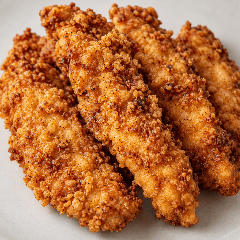 Several elongated chicken strips with uneven, craggy golden-brown breading and darker toasted flecks are arranged side by side.