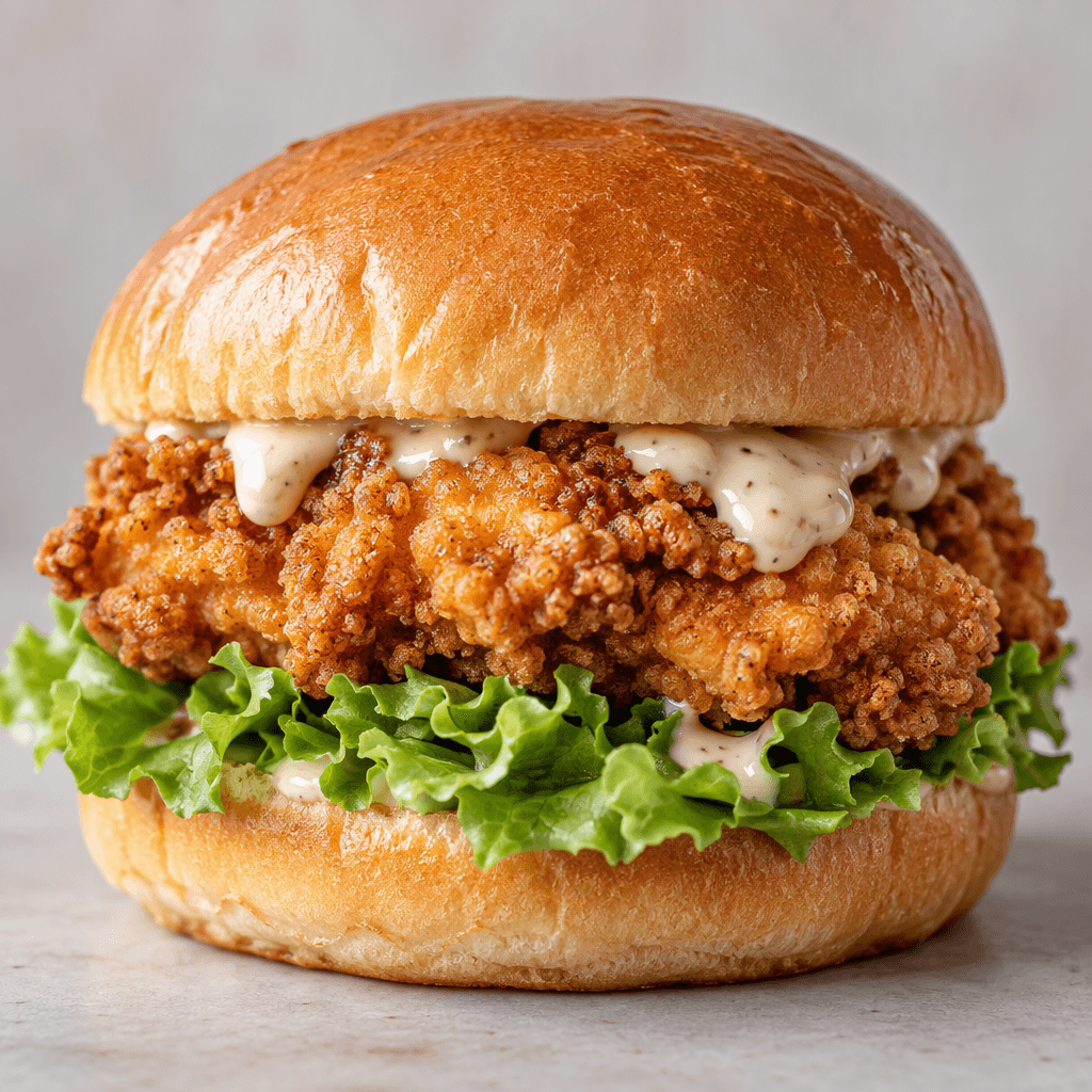 A round burger bun holds a thick, craggy golden-brown breaded chicken fillet with pale creamy sauce and crisp green lettuce visible at the edges.