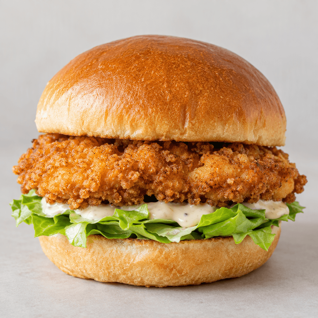 A round, lightly browned burger bun holds a thick, craggy golden-brown breaded chicken fillet, with pale creamy sauce and crisp green lettuce visible beneath it.