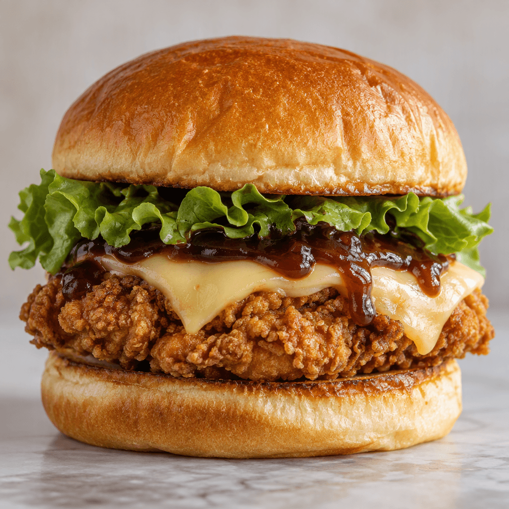 A tall burger in a soft, lightly toasted golden-brown bun, layered with a broad crispy chicken fillet, pale yellow cheese, green lettuce and a thick dark sauce visible between the layers.