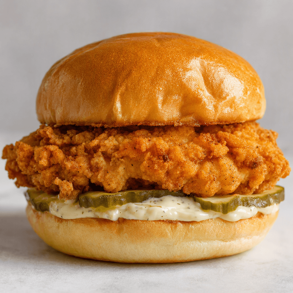 An oversized sandwich with a soft, lightly browned bun enclosing a thick, craggy golden-brown breaded chicken fillet, with pale creamy sauce and green pickle slices visible beneath it.