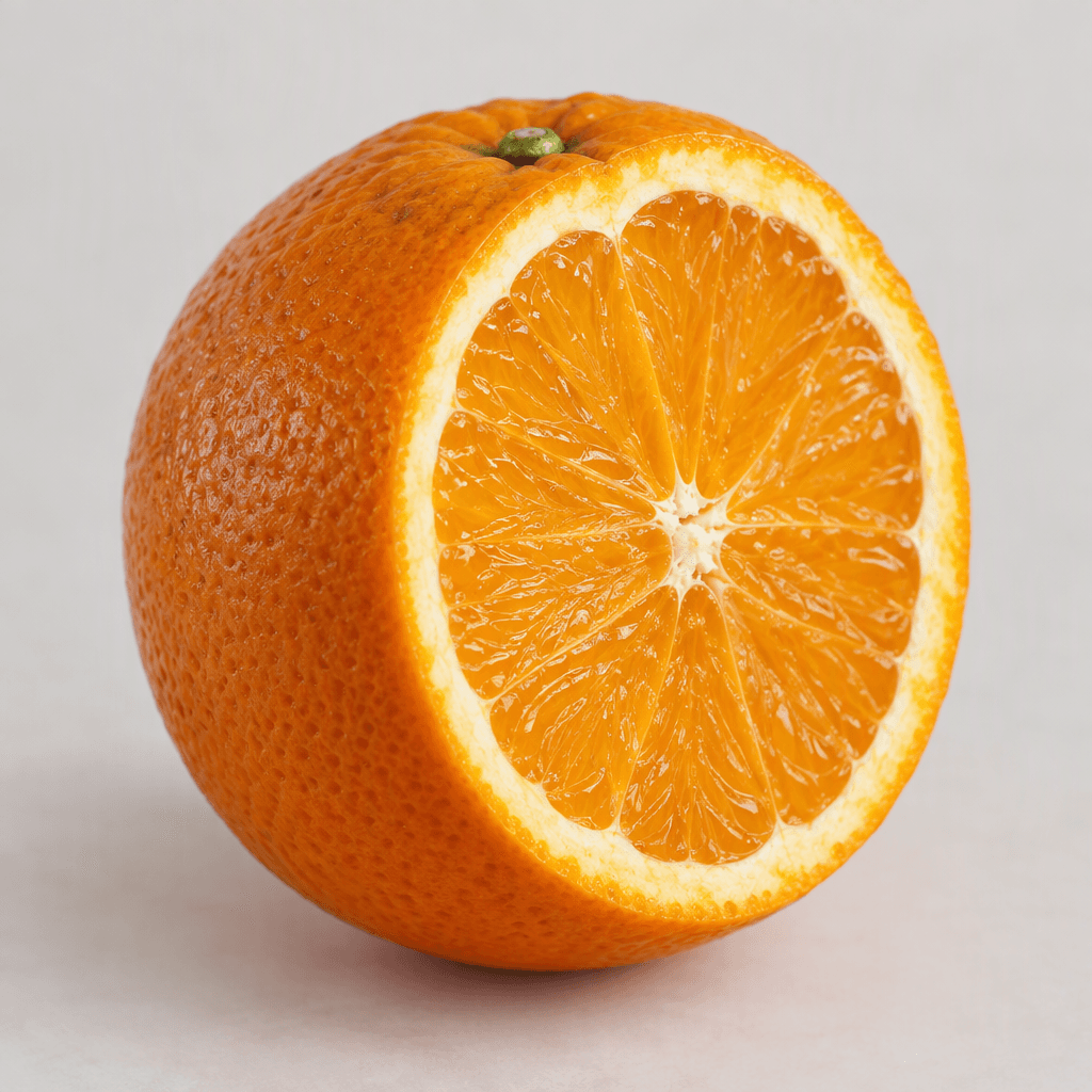 A round orange fruit with a slightly dimpled, vivid orange peel and a firm, juicy-looking segmented interior visible where it is cut open.
