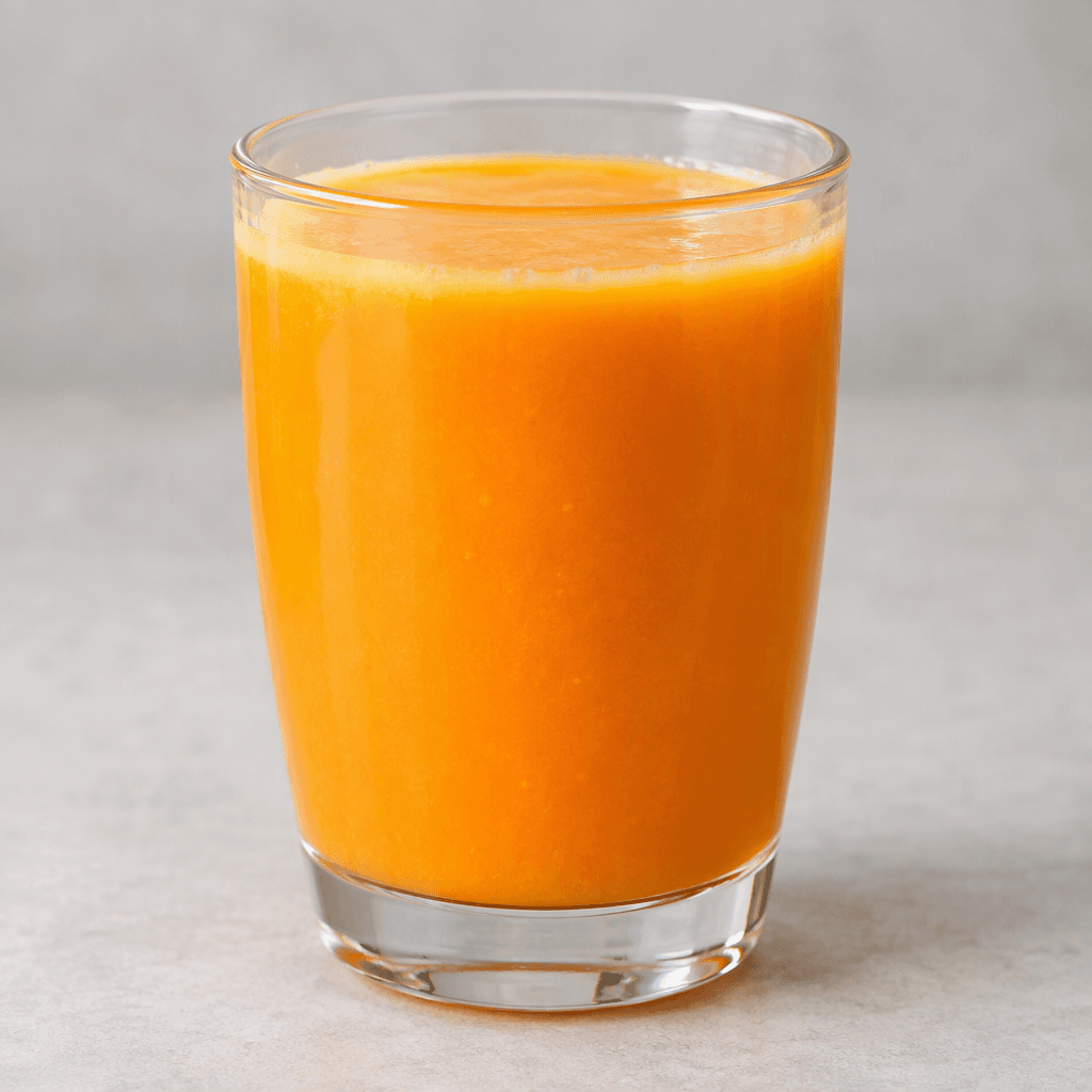 Opaque, vivid orange nectar with a thick, smooth texture fills a clear drinking glass, with a slightly lighter orange layer visible near the surface.