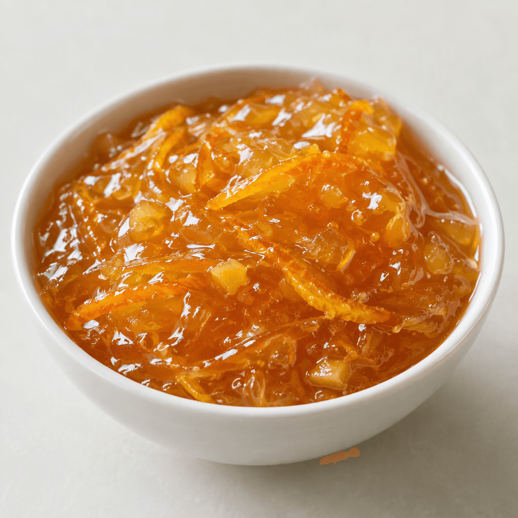 A glossy, thick orange-coloured fruit preserve with a translucent, softly spreadable texture, served in a small dish with fine strands and tiny pieces of orange peel visible throughout.