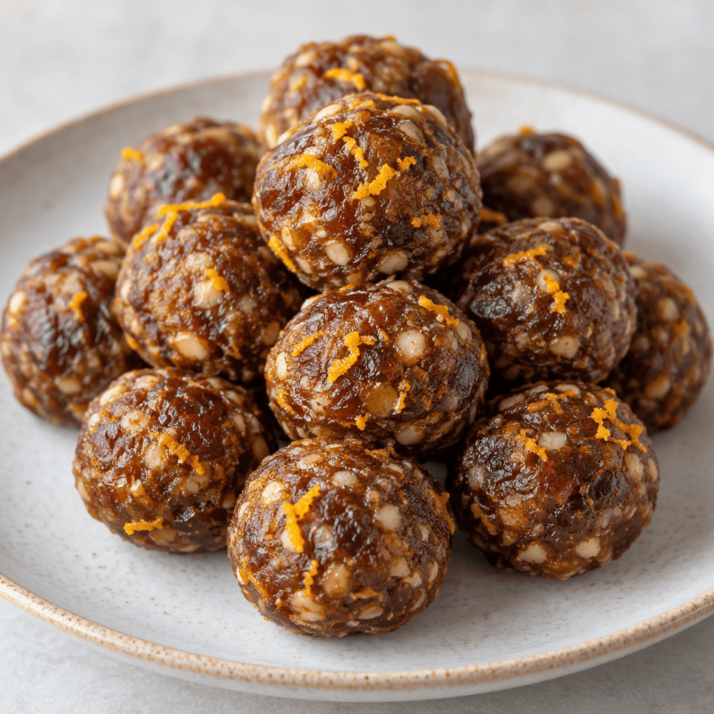 Small, round, slightly uneven dark amber-brown date balls with fine orange zest flecks are arranged on a plate.