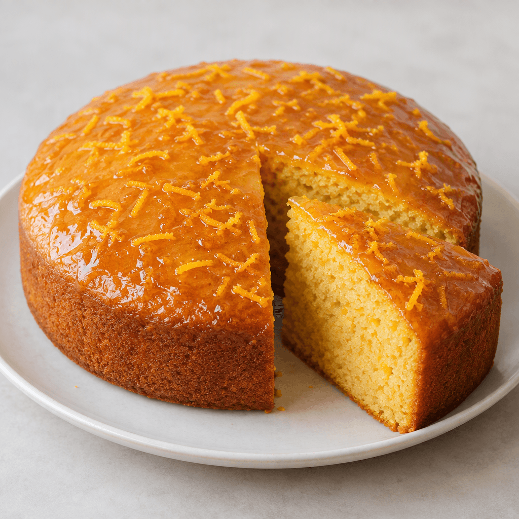 A round, golden-orange sponge cake with a slightly domed top, a thin glossy orange glaze, fine orange zest scattered over the surface, and one cut slice showing a moist, finely textured crumb on a plate beside it.