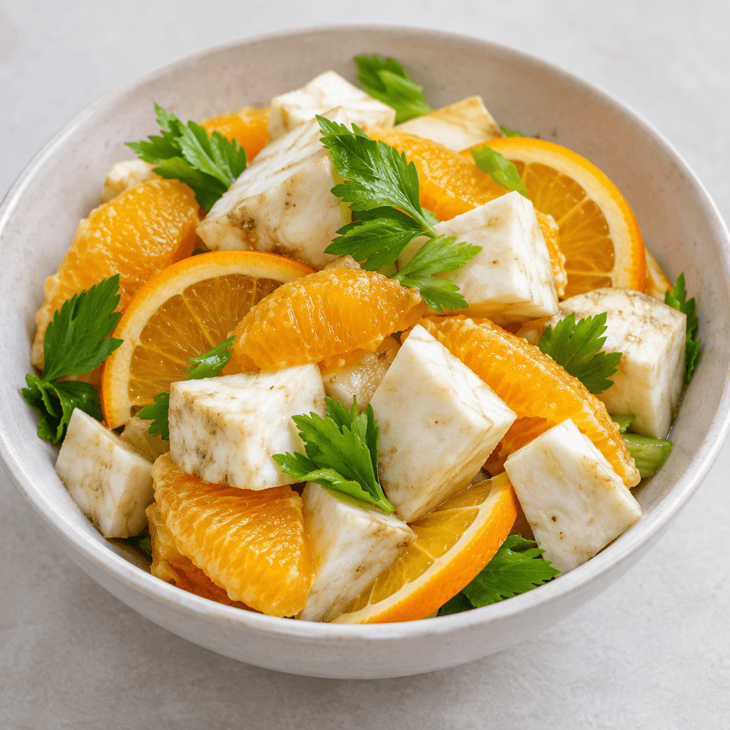 Chunky pale ivory pieces of celery root are served with vivid orange segments and thin orange slices, with a few fresh green celery leaves scattered over the top.