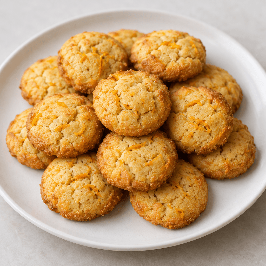 Small, round cookies with lightly cracked golden-orange surfaces, visible flecks of orange zest, and crisp edges are arranged on a plain plate.