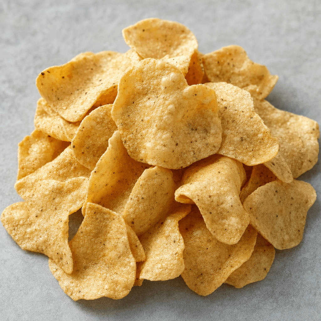 Thin, lightly puffed legume chips lie in a small pile, their uneven curved pieces pale golden-beige with a porous, faintly speckled surface.