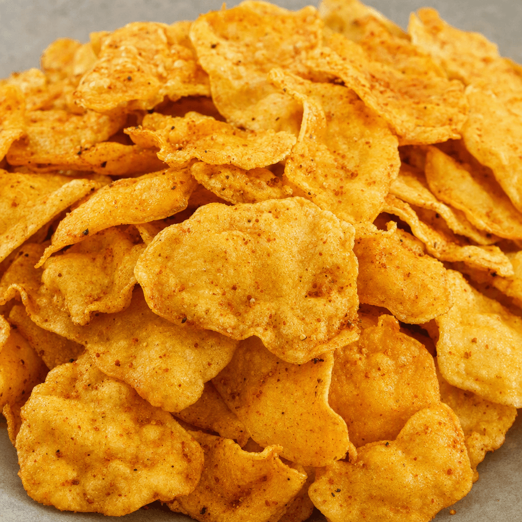Thin, irregularly shaped, lightly puffed legume chips with a golden-orange surface and scattered red seasoning specks, served in a small pile.