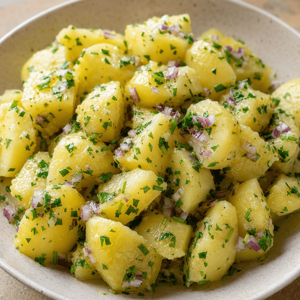 Açık sarı renkli patates parçaları, ince kıyılmış yeşil otlar ve küçük kırmızı soğan parçalarıyla karıştırılmış, parçaların üzerini hafifçe parlak bir sos kaplamış şekilde sığ bir servis kâsesinde sunuluyor.